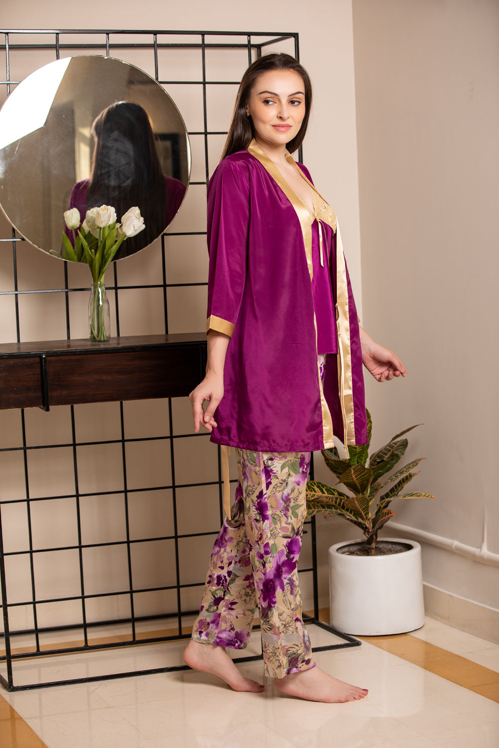 Satin Strap Night suit with Robe Private Lives