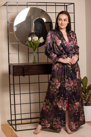 Plain Satin Strap Nighty with Digital Print Robe Nightgown set Private Lives