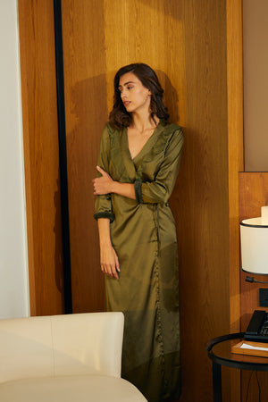 Designer Nightgown set with Fur detail in Olive Green Private Lives