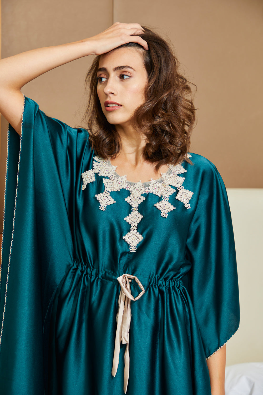 Green Satin Kaftan with Intricate Lace Private Lives