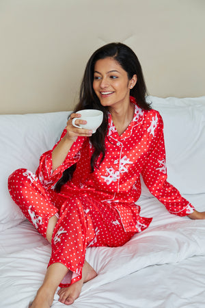 Printed Satin Classic Collar Nightsuit Private Lives