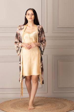 Gold Satin Nighty & Printed Chiffon robe Private Lives