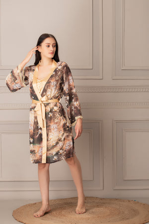 Gold Satin Nighty & Printed Chiffon robe Private Lives