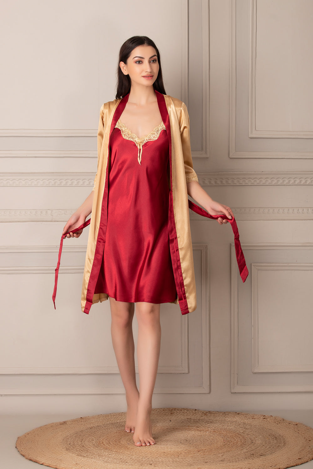 Gold & Maroon Satin Short Nightgown set Private Lives
