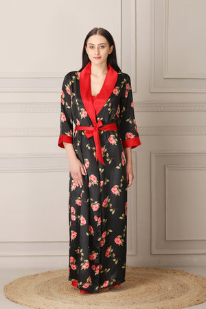 Red Satin Nighty & Print Robe Nightgown set Private Lives