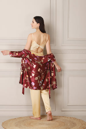 Gold Satin Night suit with Printed Robe Private Lives