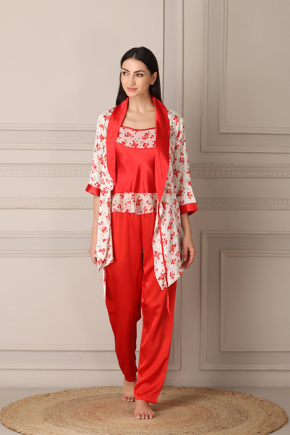 Red Satin Night suit with Printed Robe Private Lives