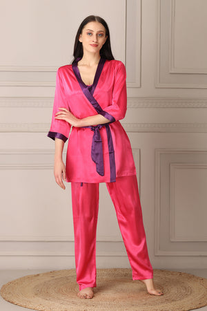 Pink Satin Night suit with Robe Private Lives