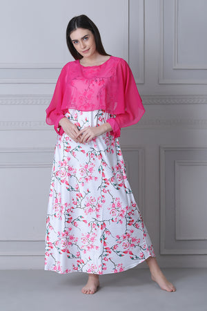 Floral Print Satin Nighty with Chiffon cape White & Pink Private Lives