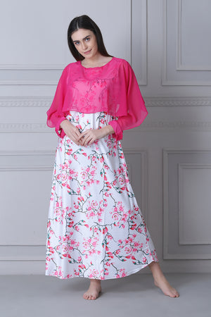 Floral Print Satin Nighty with Chiffon cape White & Pink Private Lives