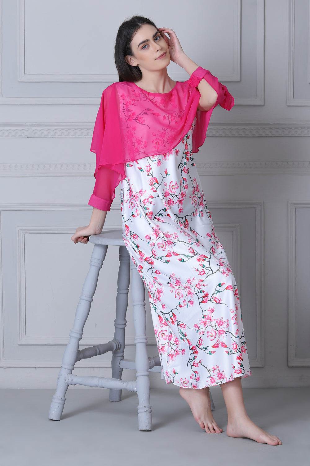 Floral Print Satin Nighty with Chiffon cape White & Pink Private Lives