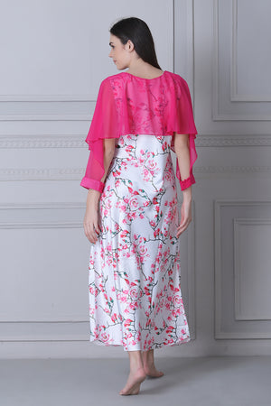 Floral Print Satin Nighty with Chiffon cape White & Pink Private Lives