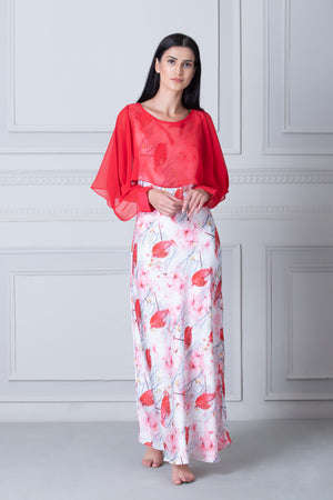 Floral Print White Satin Nighty with chiffon Cape Private Lives