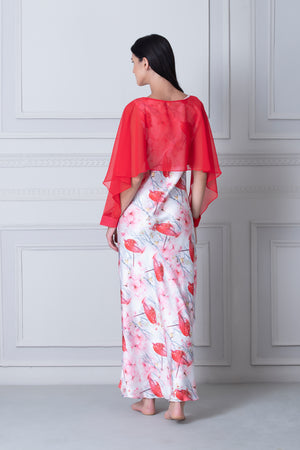 Floral Print White Satin Nighty with chiffon Cape Private Lives