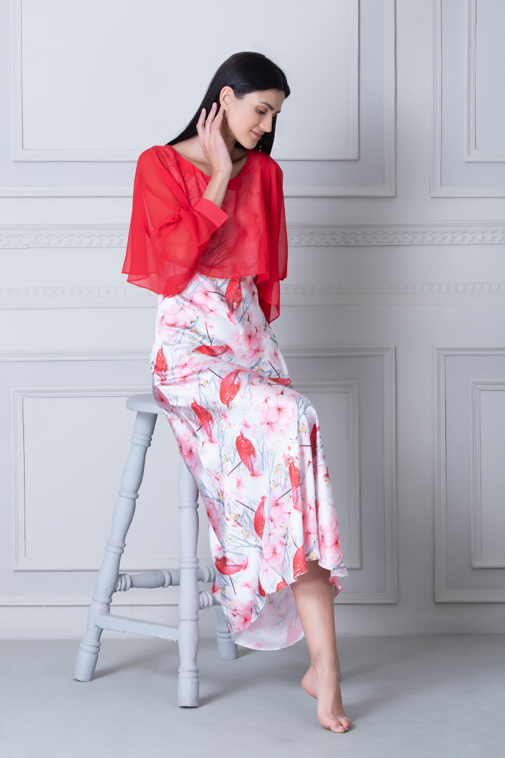 Floral Print White Satin Nighty with chiffon Cape Private Lives