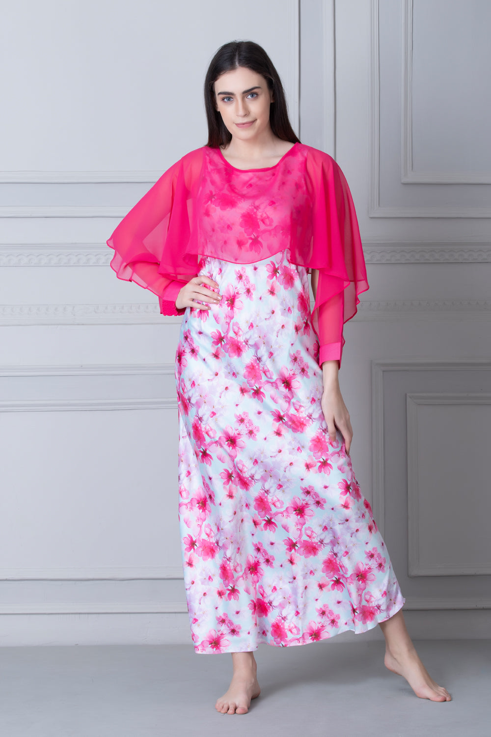 Printed Satin Nighty with Pink chiffon Cape Private Lives