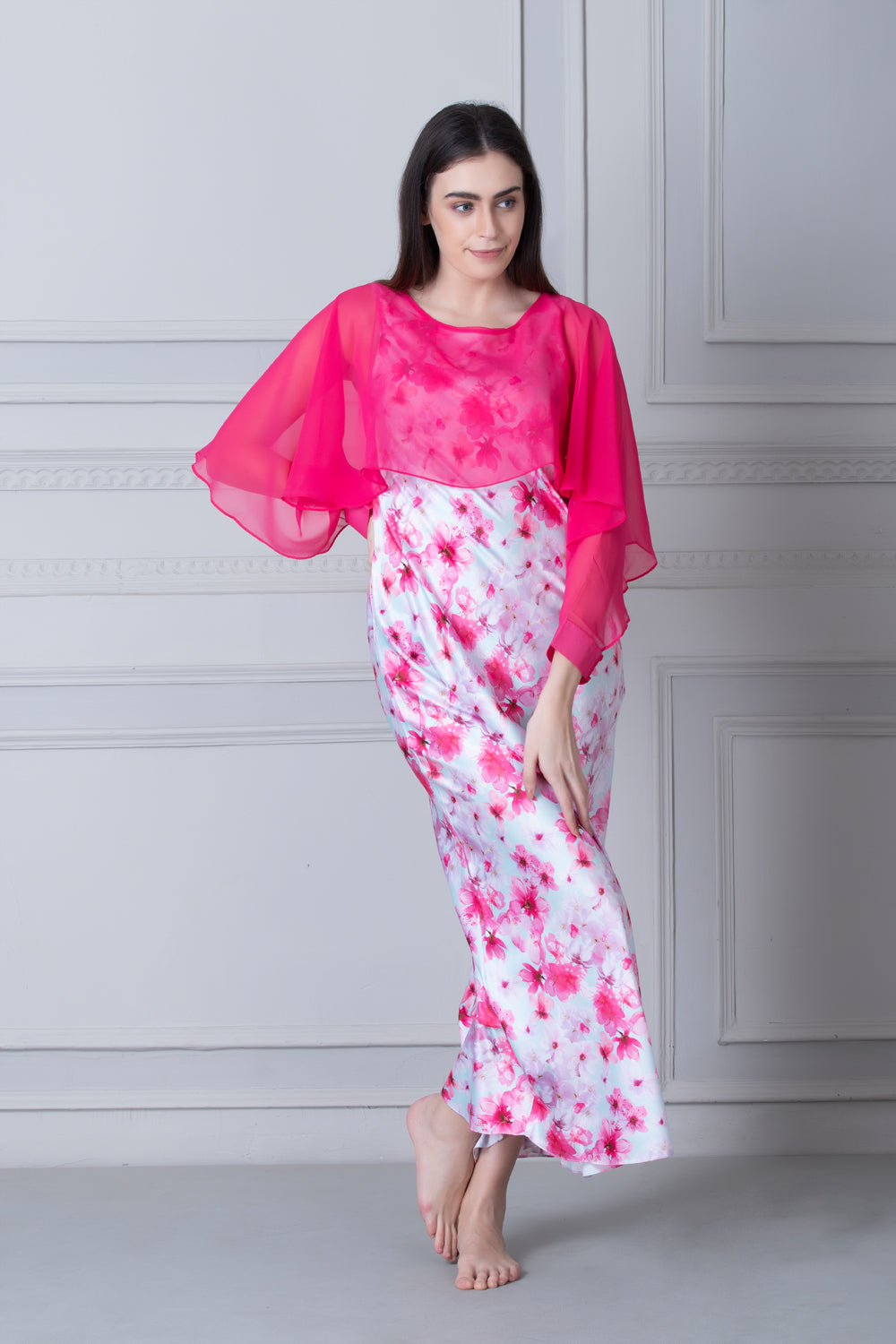 Printed Satin Nighty with Pink chiffon Cape Private Lives