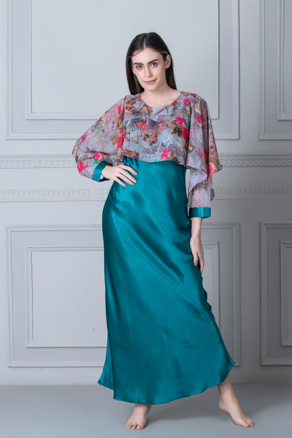 Vibrant Green Satin Nighty with print Cape Private Lives