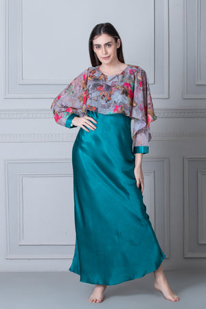 Vibrant Green Satin Nighty with print Cape Private Lives