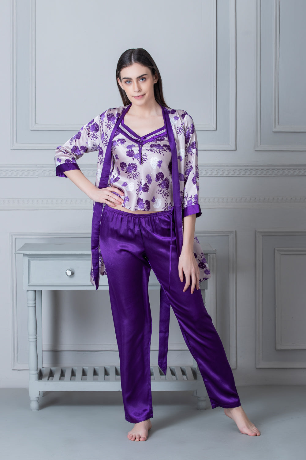Printed satin Night suit with Robe Blue Private Lives
