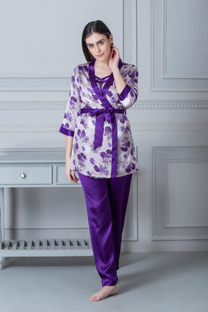 Printed satin Night suit with Robe Blue Private Lives