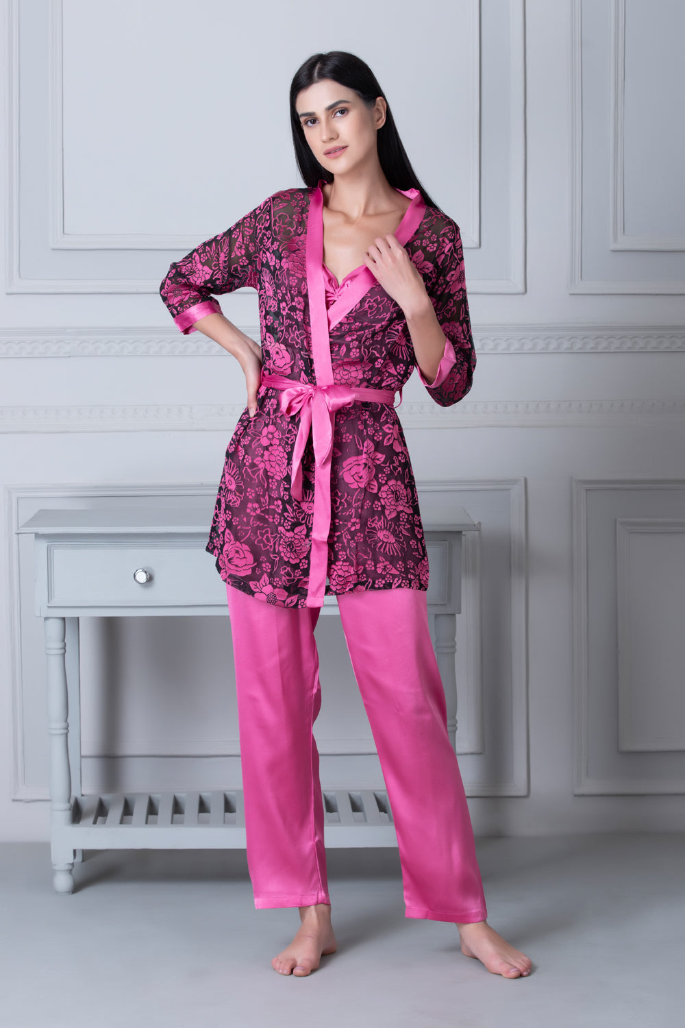 Satin Night suit with Floral Robe Private Lives