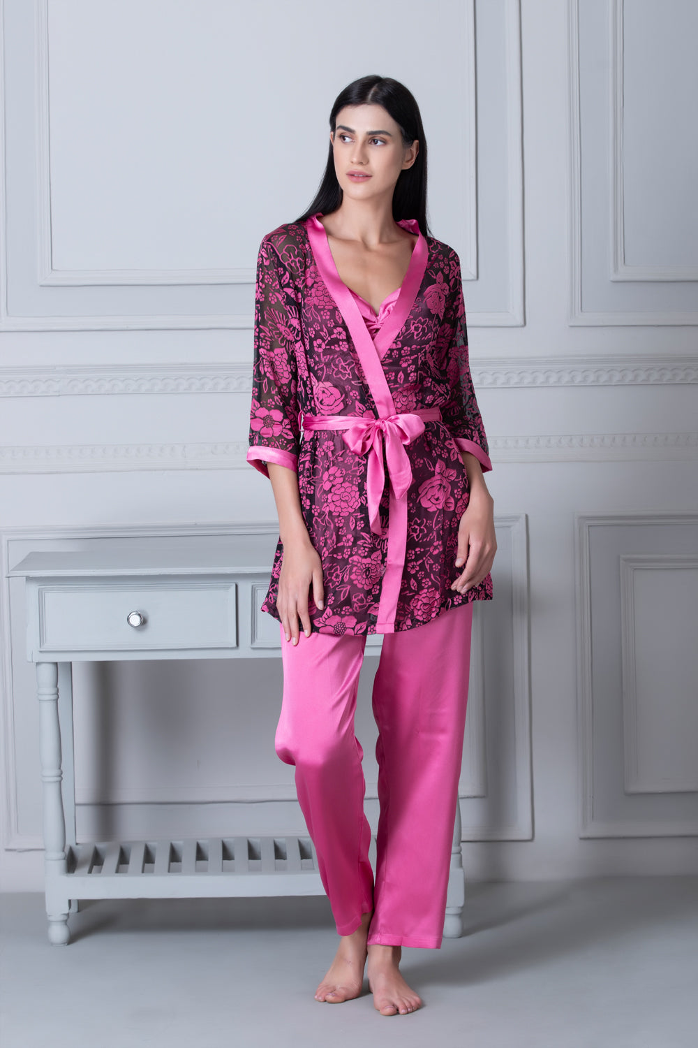 Satin Night suit with Floral Robe Private Lives