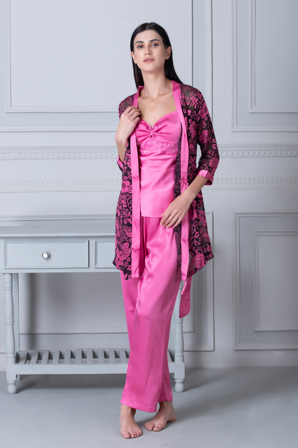 Satin Night suit with Floral Robe Private Lives