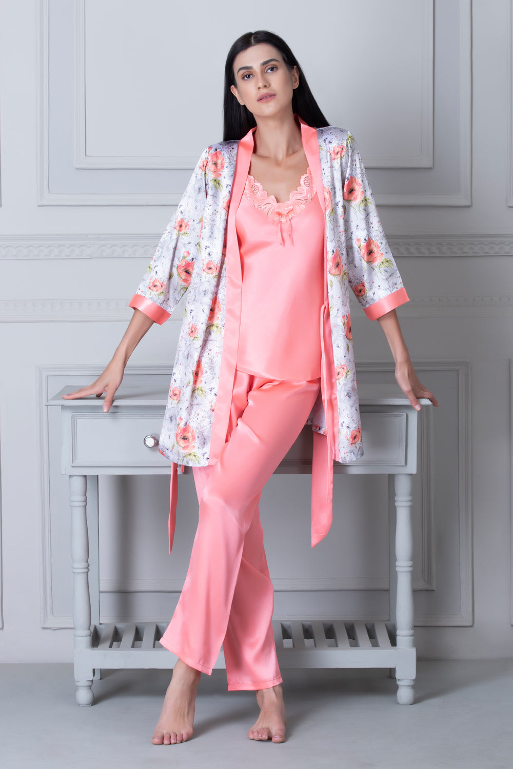 Satin Night suit with Floral Robe Private Lives