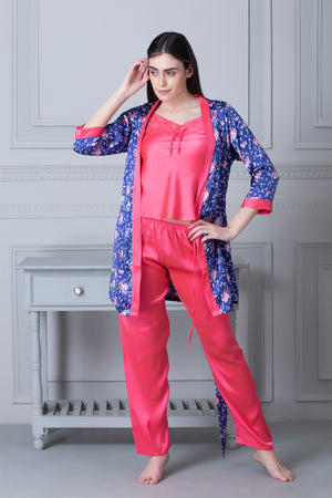 Satin Night suit with Floral Robe Blue Private Lives