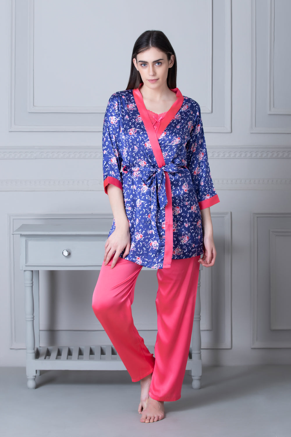 Satin Night suit with Floral Robe Blue Private Lives