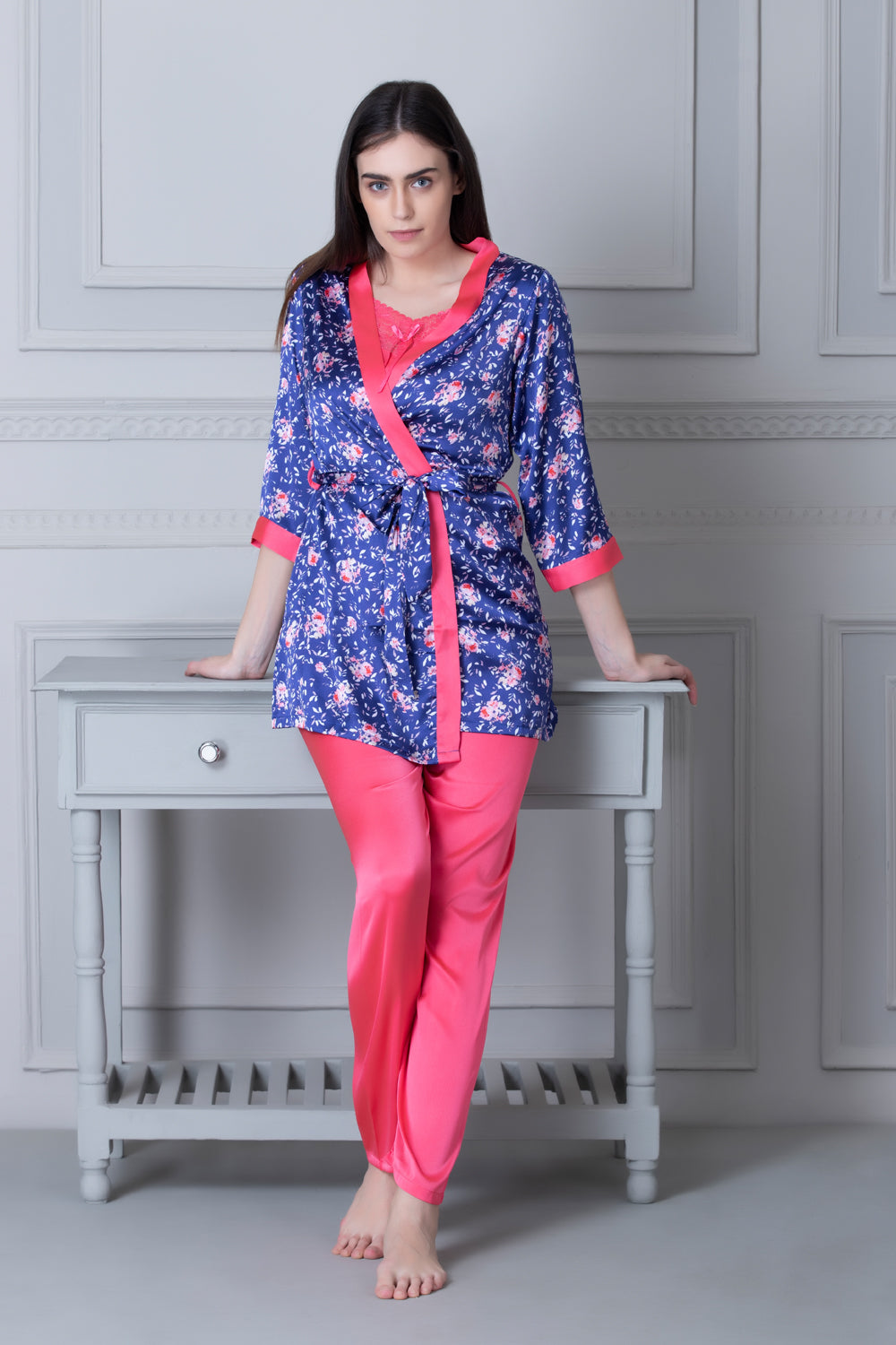 Satin Night suit with Floral Robe Blue Private Lives