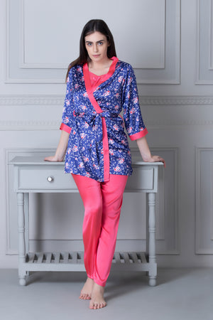 Satin Night suit with Floral Robe Blue Private Lives