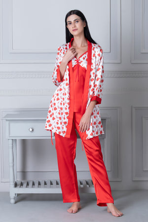 Satin Night suit with floral Robe Red & White Private Lives