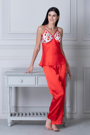 Satin Night suit with floral Robe Red & White Private Lives