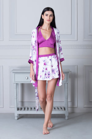 Satin Top & Skirt with Robe Purple & White Private Lives