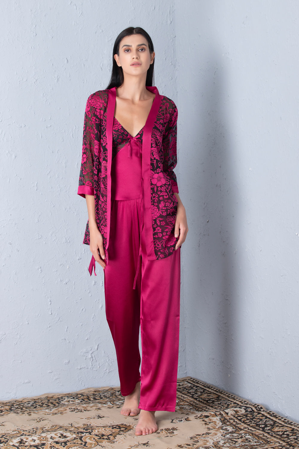 Satin Night suit with Printed Robe Purple Private Lives