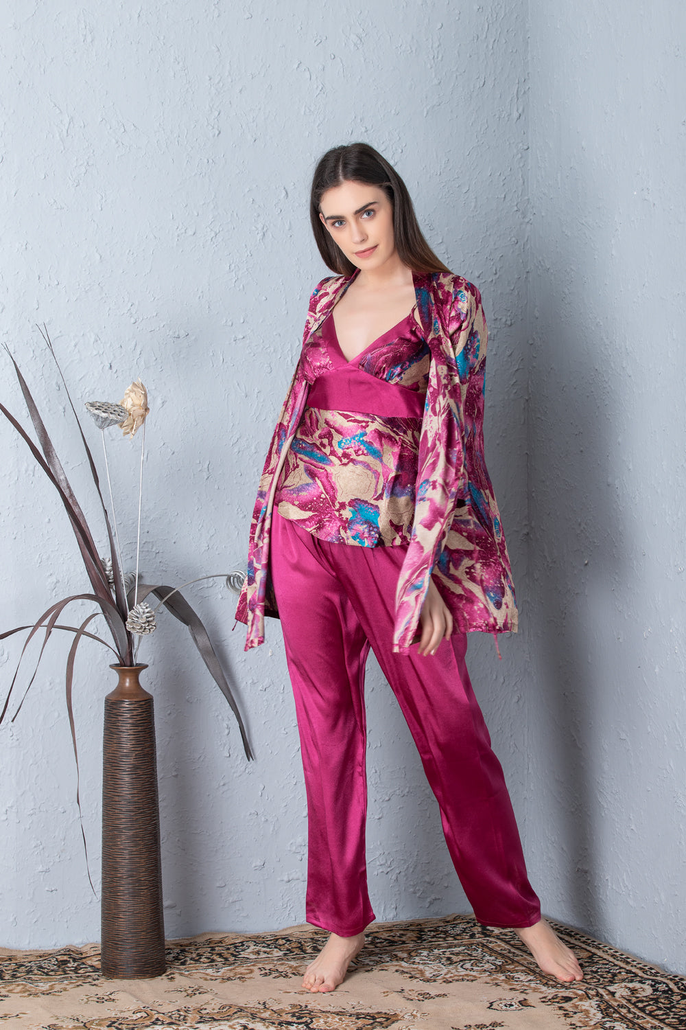 Printed Satin Night suit with Robe Private Lives