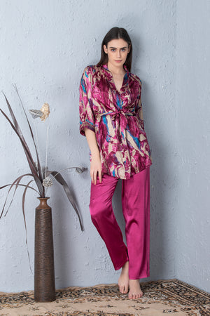 Printed Satin Night suit with Robe Private Lives