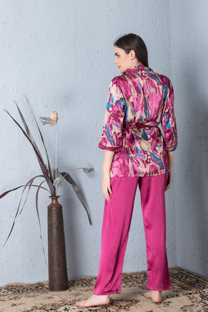 Printed Satin Night suit with Robe Private Lives