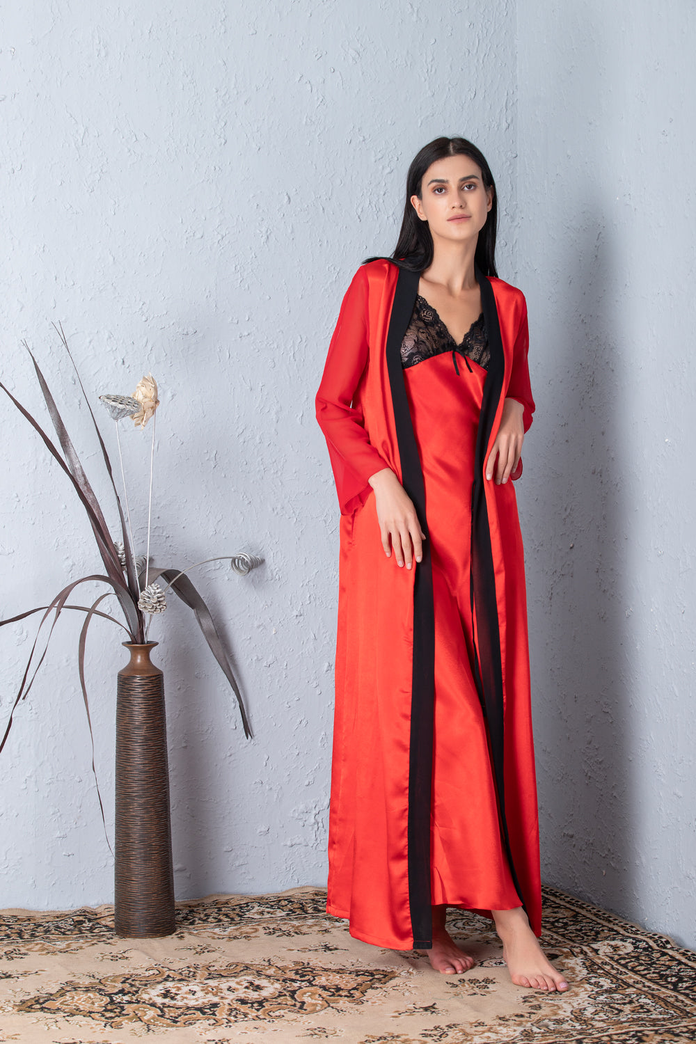 Red Nightgown set with black accent Private Lives