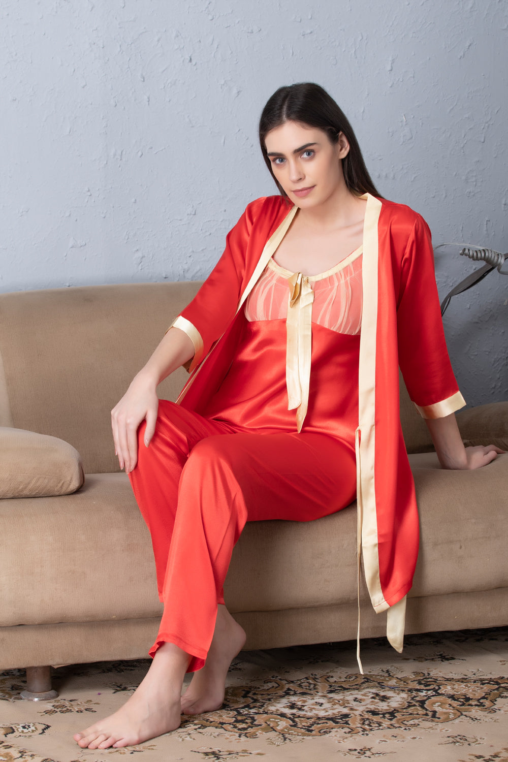 Red satin Night suit with Robe Private Lives