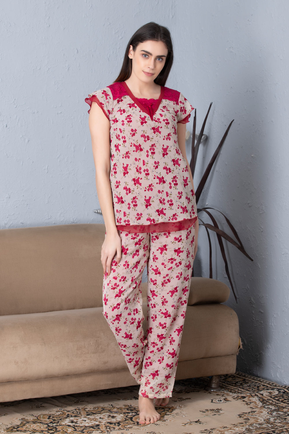 Floral Double chiffon Night suit Cream Private Lives