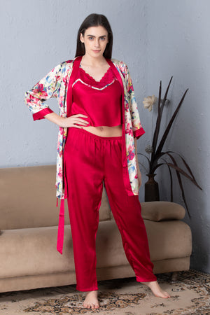 Satin Night suit with floral Robe Maroon Private Lives