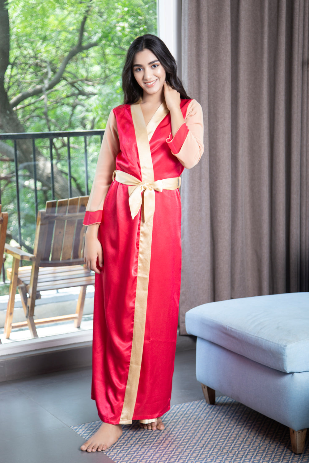 2 Pcs Satin Nightwear Set in Maroon  Black  Long Robe  Nightie  Nightwear  All Nightwears Online Lingerie Shopping Clovia