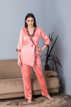 Peach Satin Night suit with Robe Private Lives