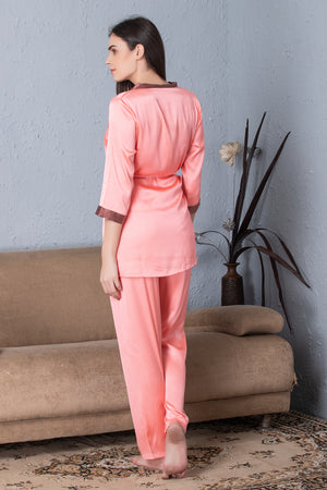 Peach Satin Night suit with Robe Private Lives