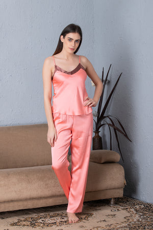 Peach Satin Night suit with Robe Private Lives