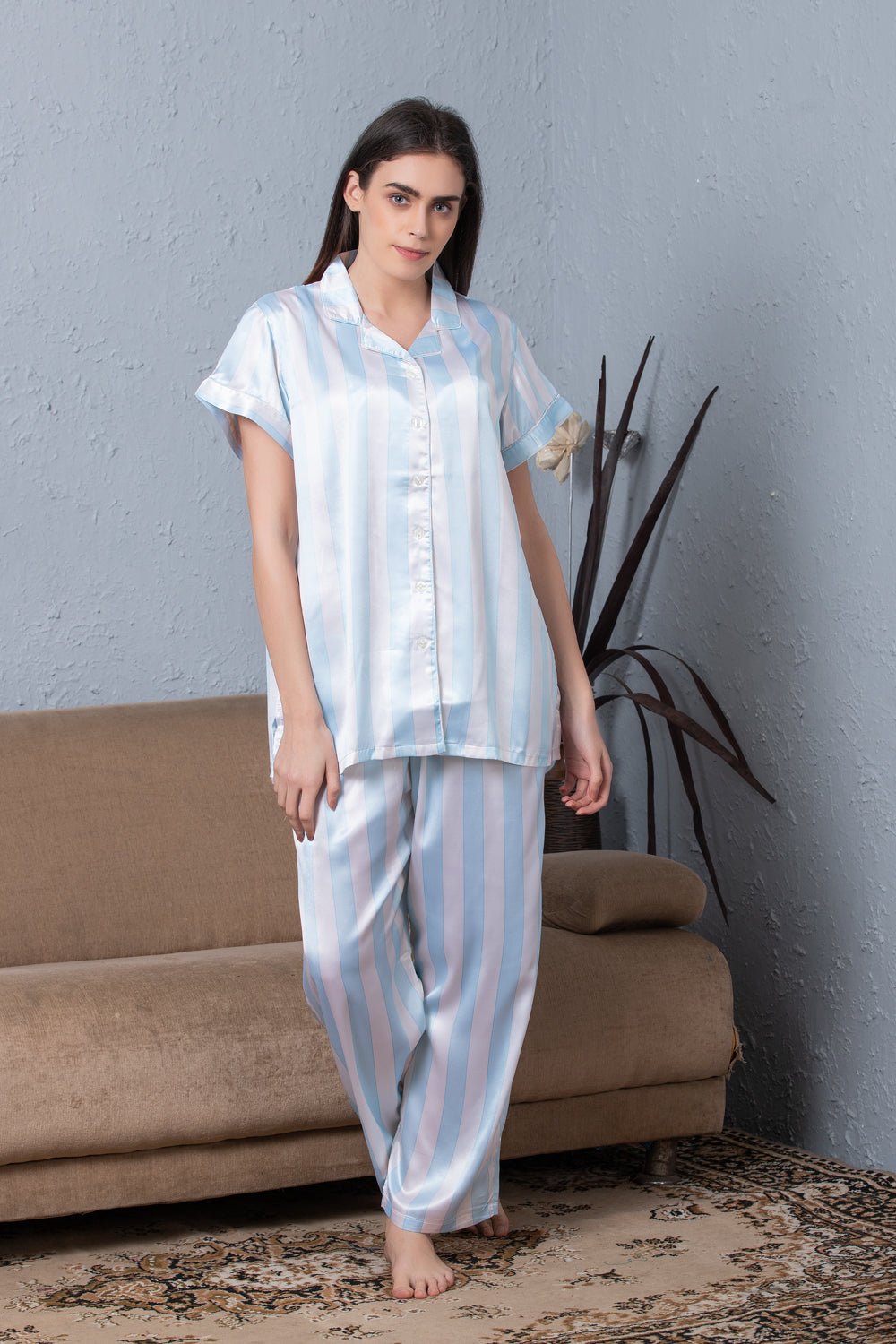 Stripe satin Classic collar Night suit Sky Blue Private Lives