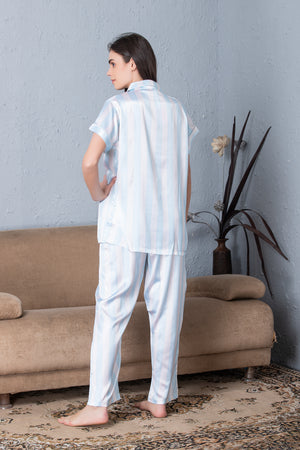 Stripe satin Classic collar Night suit Sky Blue Private Lives